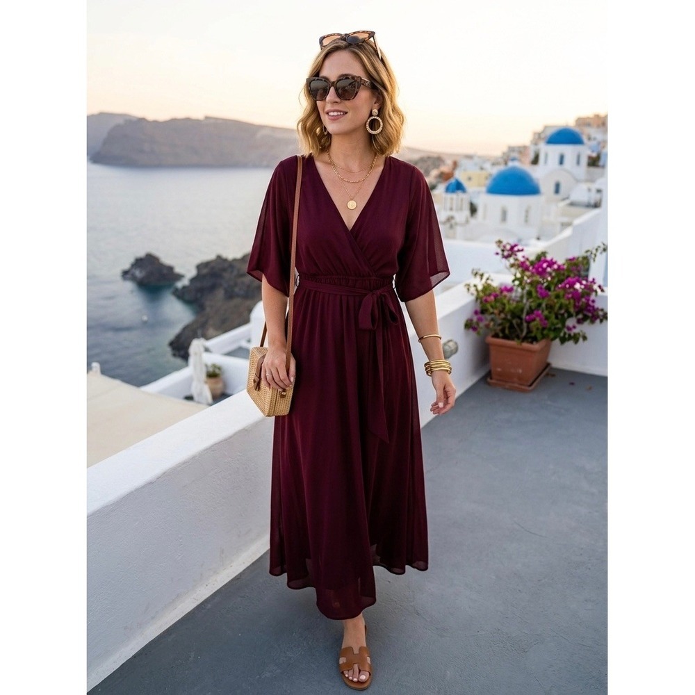 Baltic Born Lydia Maxi Dress Wine Burgundy V-Neck Flutter Sleeve Chiffon Gown M
